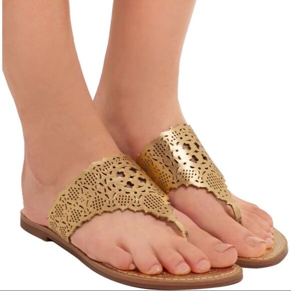 Tory Burch Roselle Metallic Gold Laser Cut Thong Sandals Size 6.5 - Picture 1 of 6